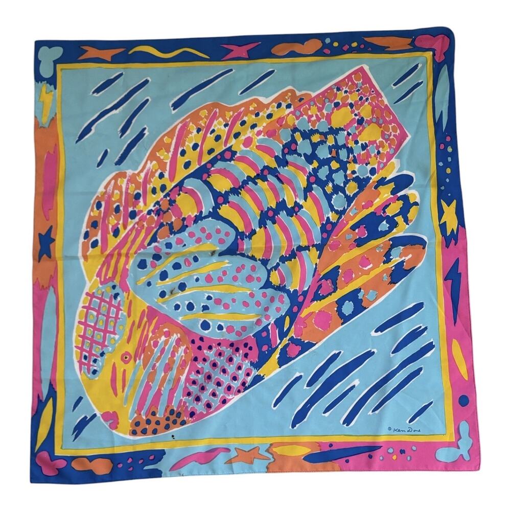 KEN DONE Japan Bold Bright Nautical Fish Print Silk Square Scarf 24”